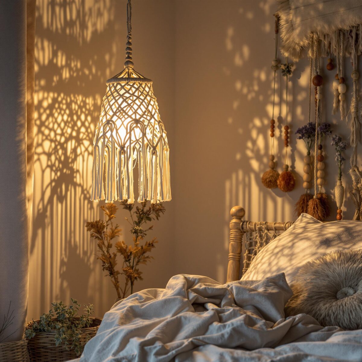 Abat-jour Suspendu En Macramé Coton Naturel - Style Bohème 30x50cm Pour Salon, Chambre à Coucher Ou Chambre De Bébé