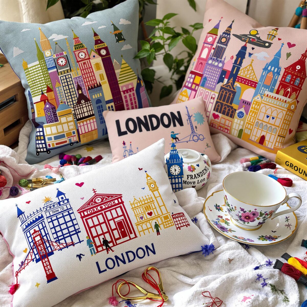 Petits coussins brodés inspirés par Londres : un projet DIY