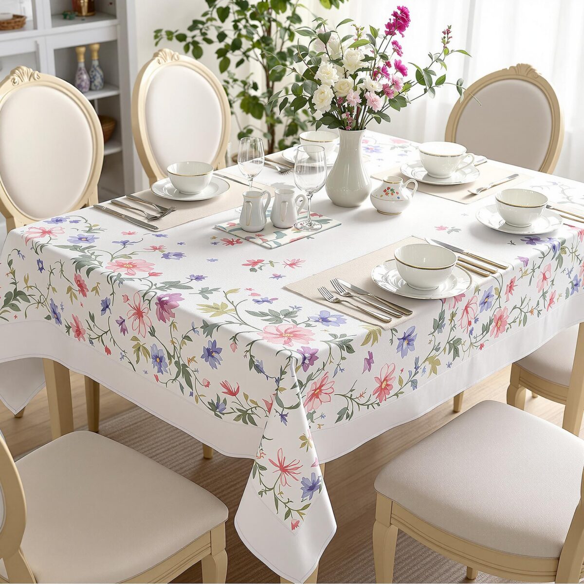 Créez une nappe brodée élégante avec des motifs de fleurs de thé